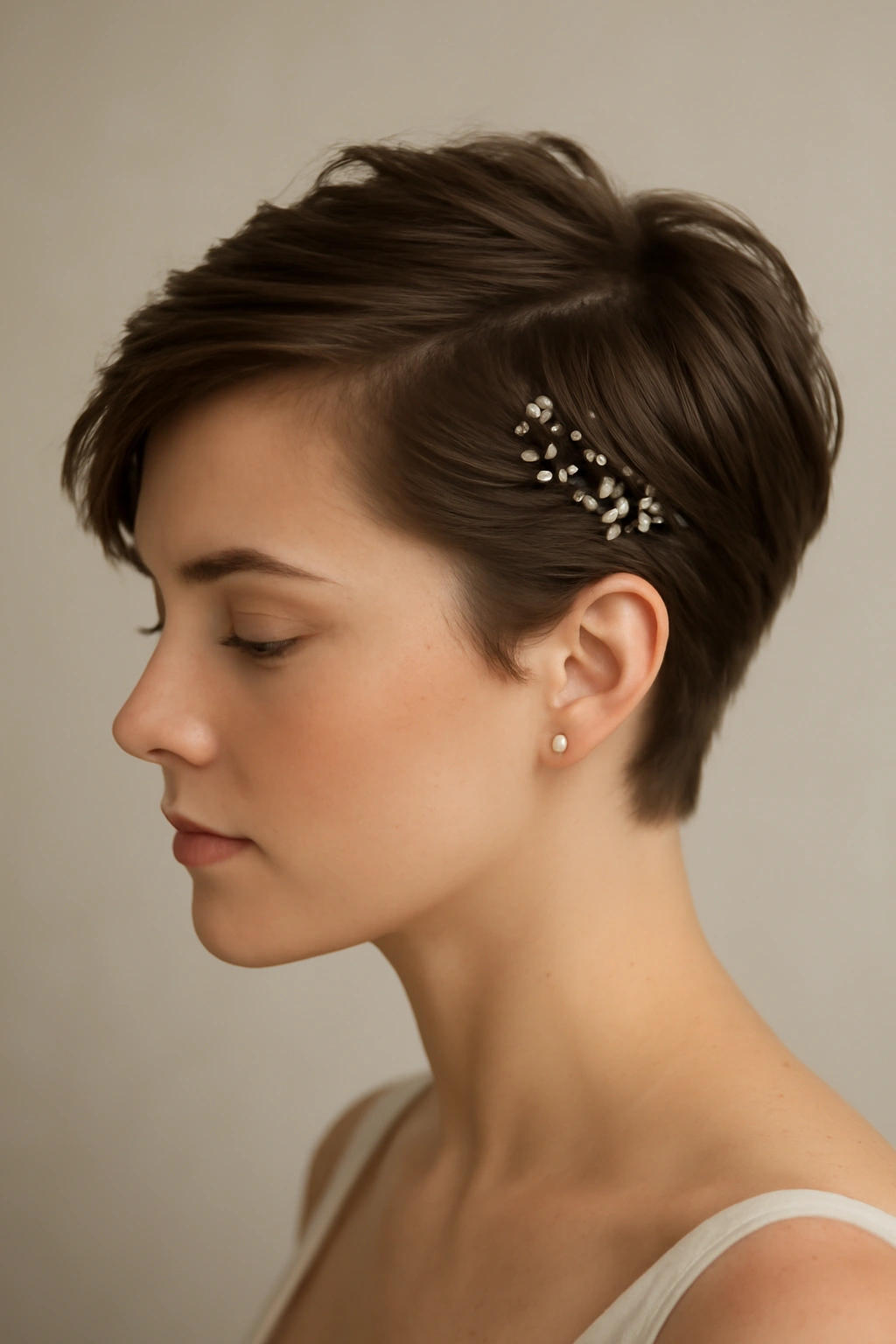 12 Bridal Updos Every Short-Haired Bride Should Try 4 Pixie haircut with side sweep and decorative pins