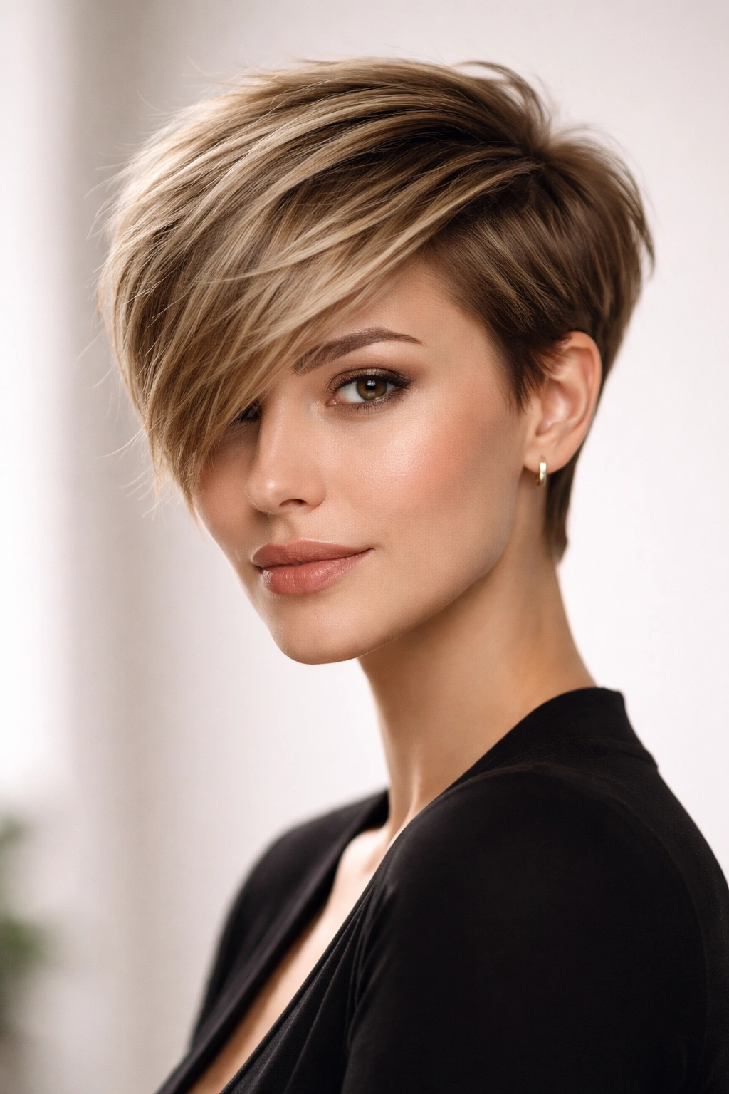 Pixie with Side Sweep showing an asymmetrical front with a longer swept side