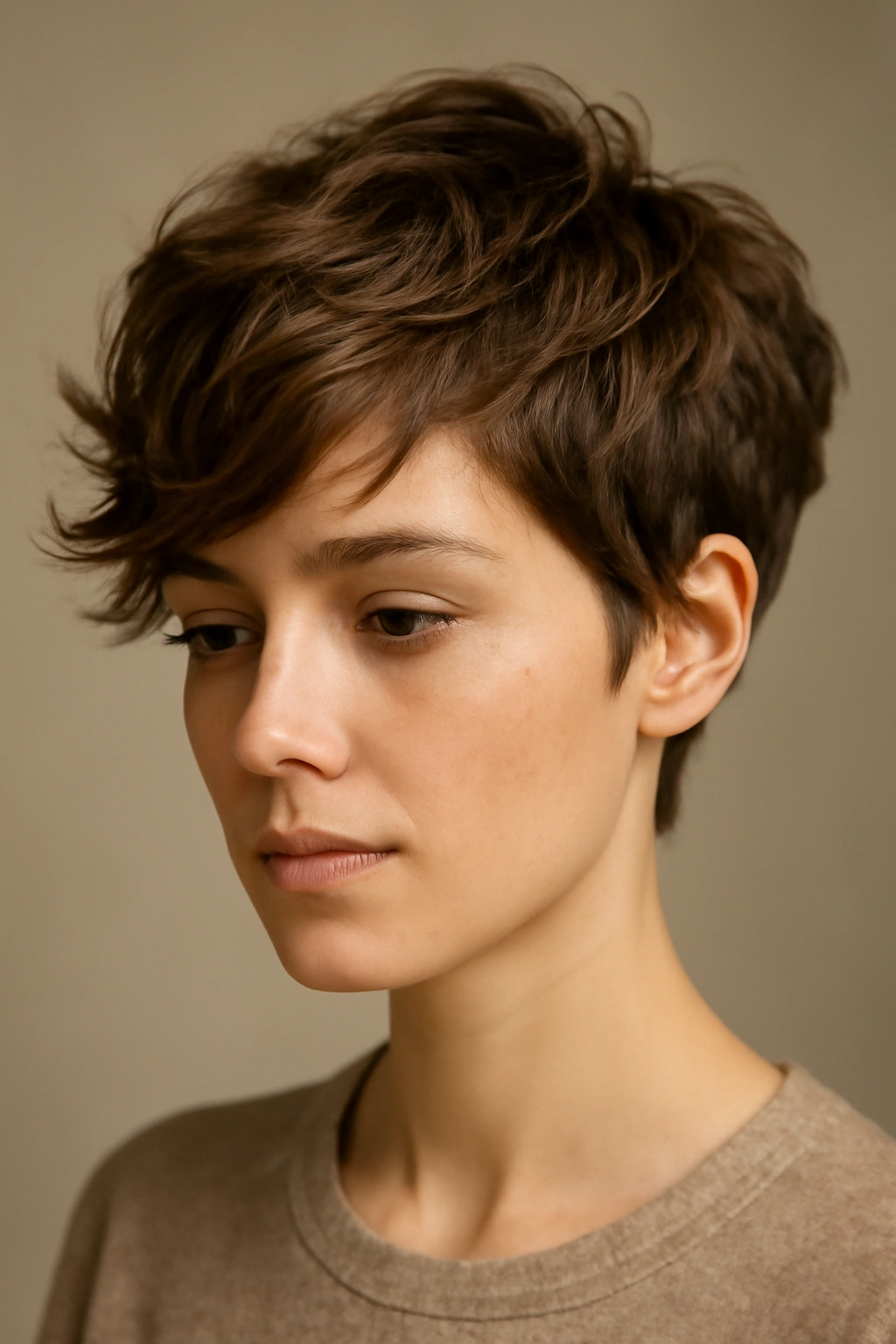 12 Wavy Pixie Styles Perfect for Wash and Go 3 Close-up of The Tousled Textured Pixie with Side Sweep showing side-swept longer pieces and textured back