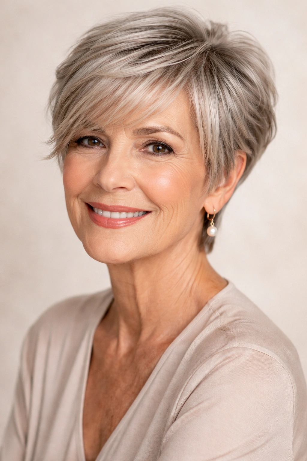 Pixie cut with side-swept bangs on a mature woman