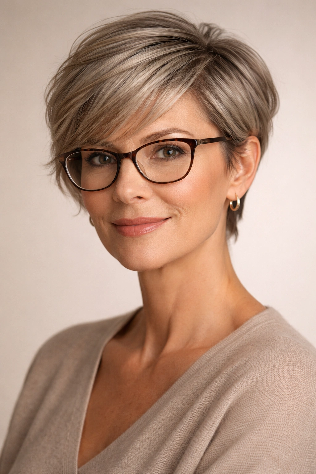 Portrait of a woman with a pixie and side-swept bangs wearing glasses