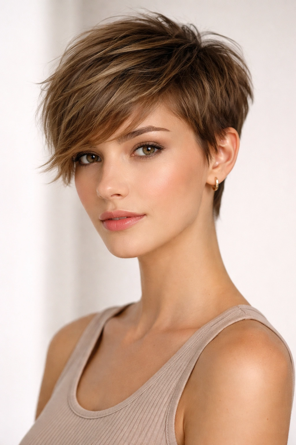 Pixie cut with side-swept bangs creating width at the temples
