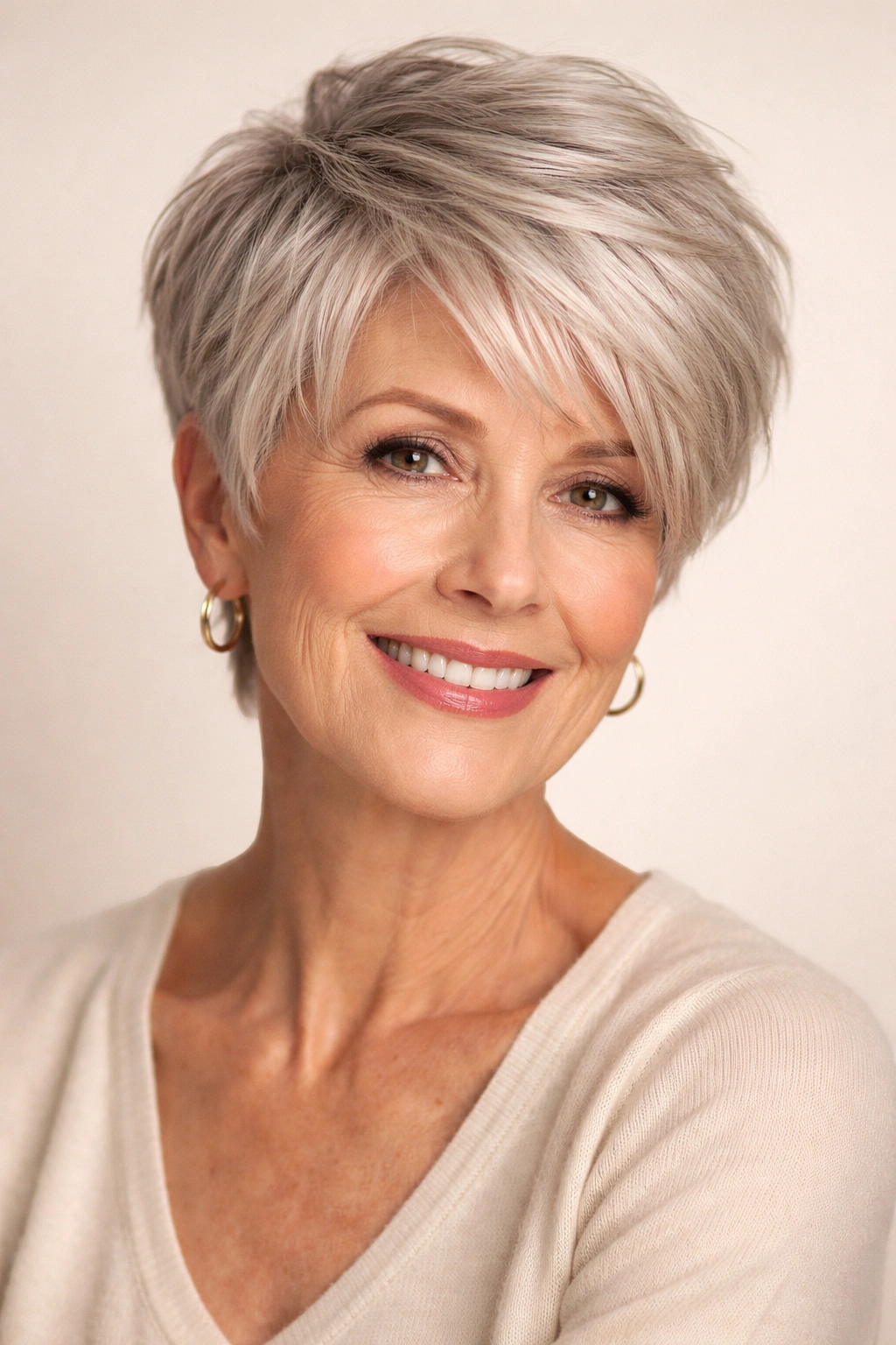 Pixie cut with longer side-swept bangs on a woman