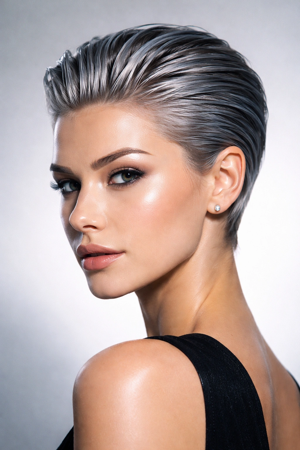 Portrait of slicked-back pixie with silver metallic tones.