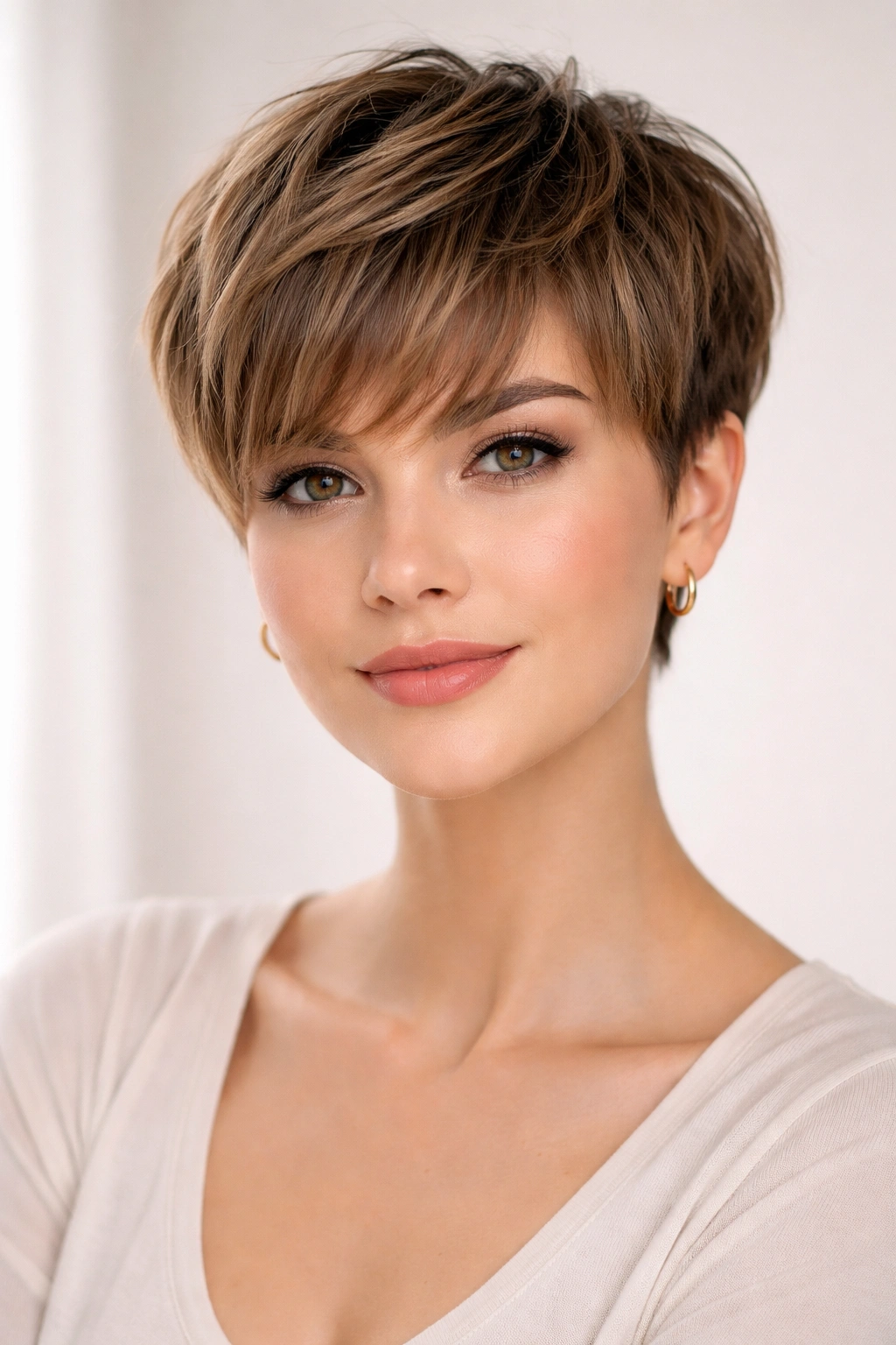 Pixie cut with feathered soft bangs framing the face