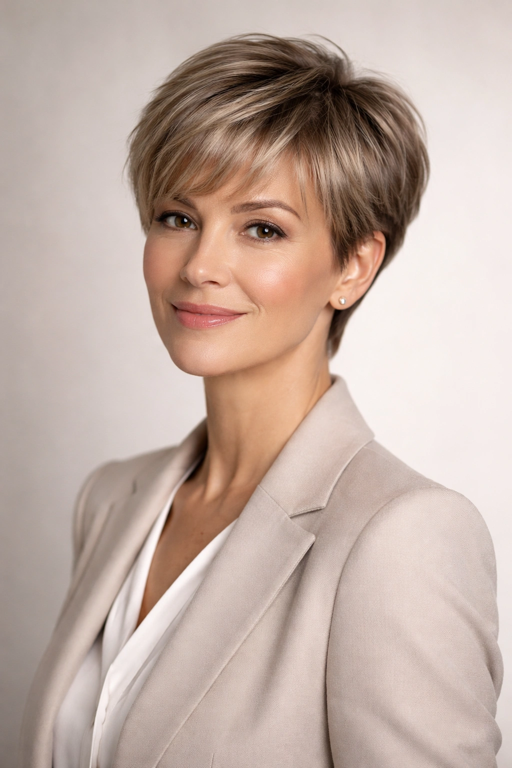 Pixie haircut with soft bangs on a professional woman