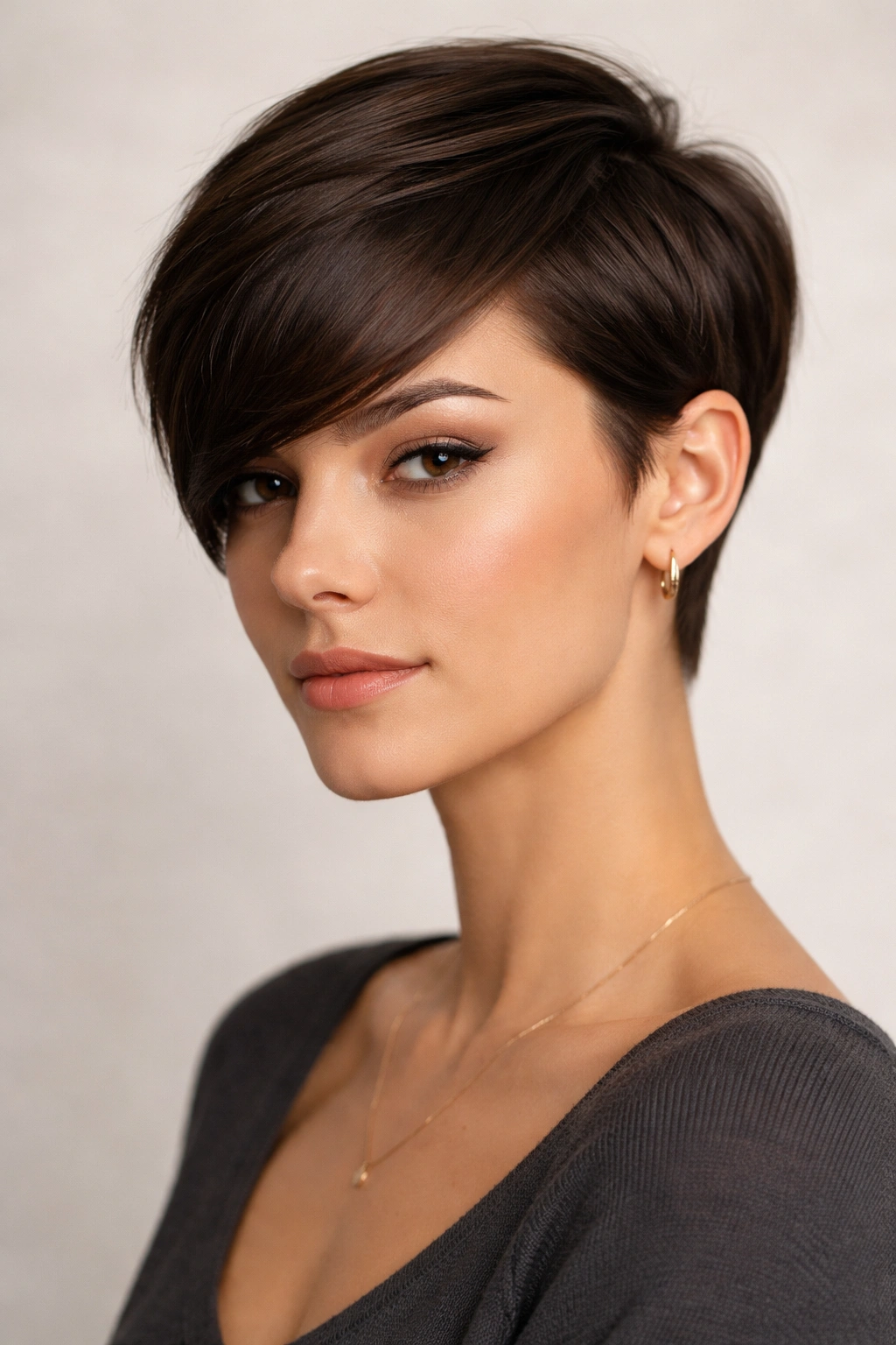 Close-up of a model with a longer top pixie swept to the side on straight hair