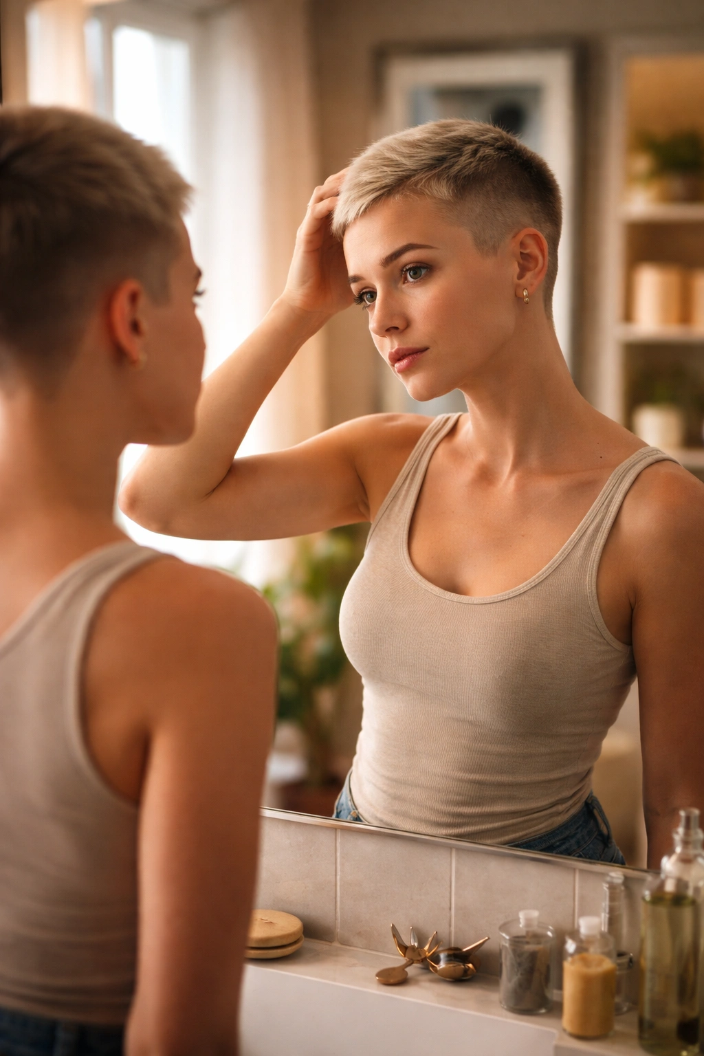 Person contemplating shaved pixie styles in mirror