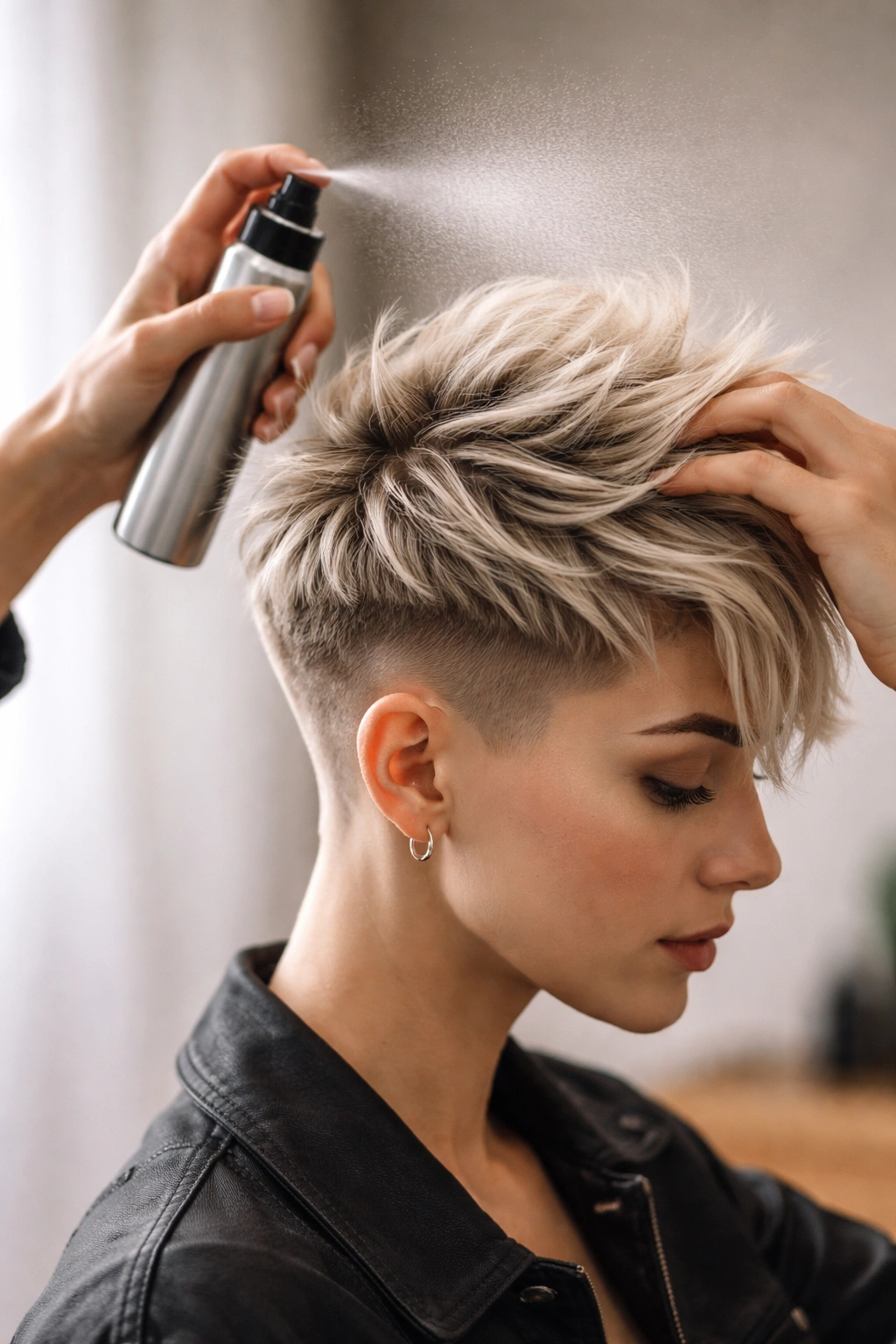 8 Undercut Pixie Styles From Soft To Sharp 10 Hands applying texture spray on pixie hairstyle in a studio