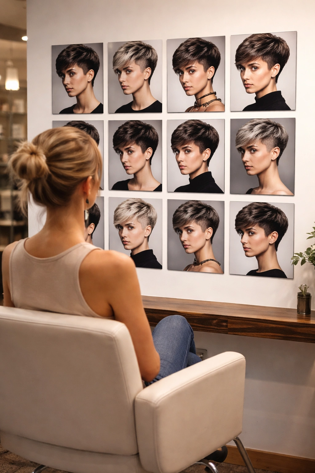 Client evaluating portfolio of edgy pixie cuts in a clean salon