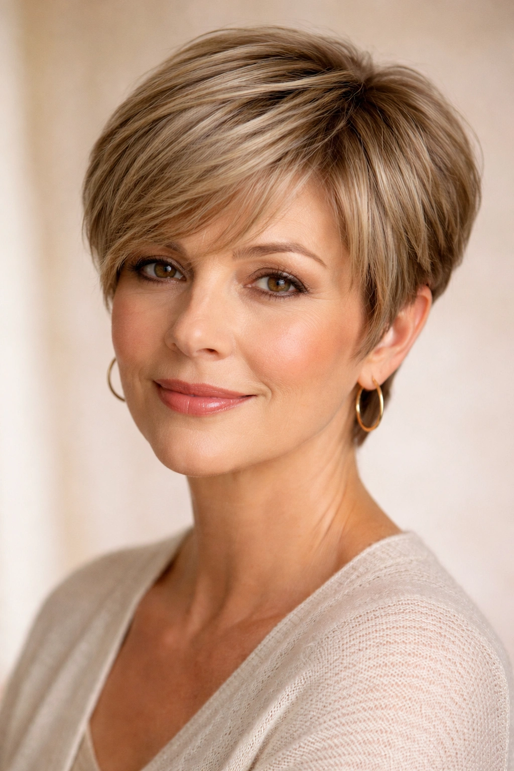 12 Short Hairstyles For Round Faces Over 50 8 Close-up of a soft pixie with swept bangs on a round-faced model over 50