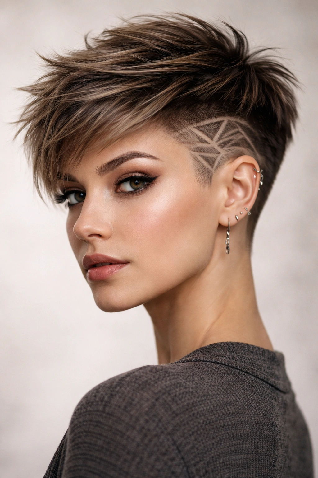 Textured pixie cut with temple geometric designs