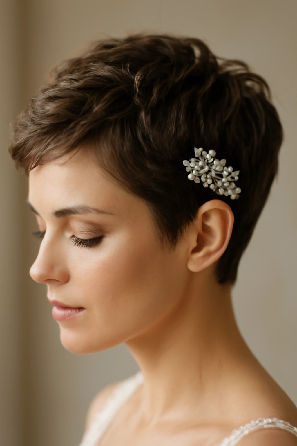 10 Simple Wedding Hairstyles for Short Hair Brides 1 Close-up of textured pixie cut with decorative crystal comb