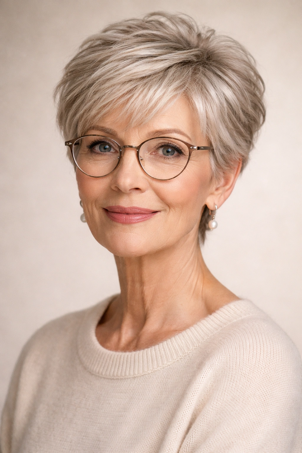 Close-up of a soft-textured pixie with feathered layers on a woman's head.