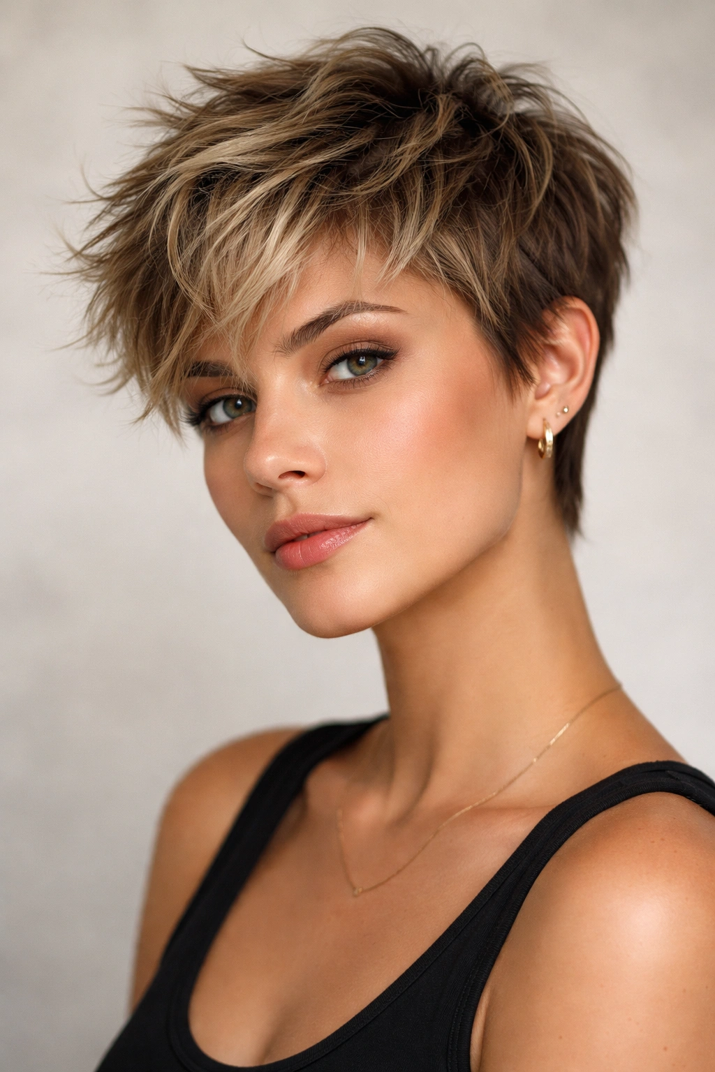 Close-up of a woman’s head with a grown-out pixie showing textured top.