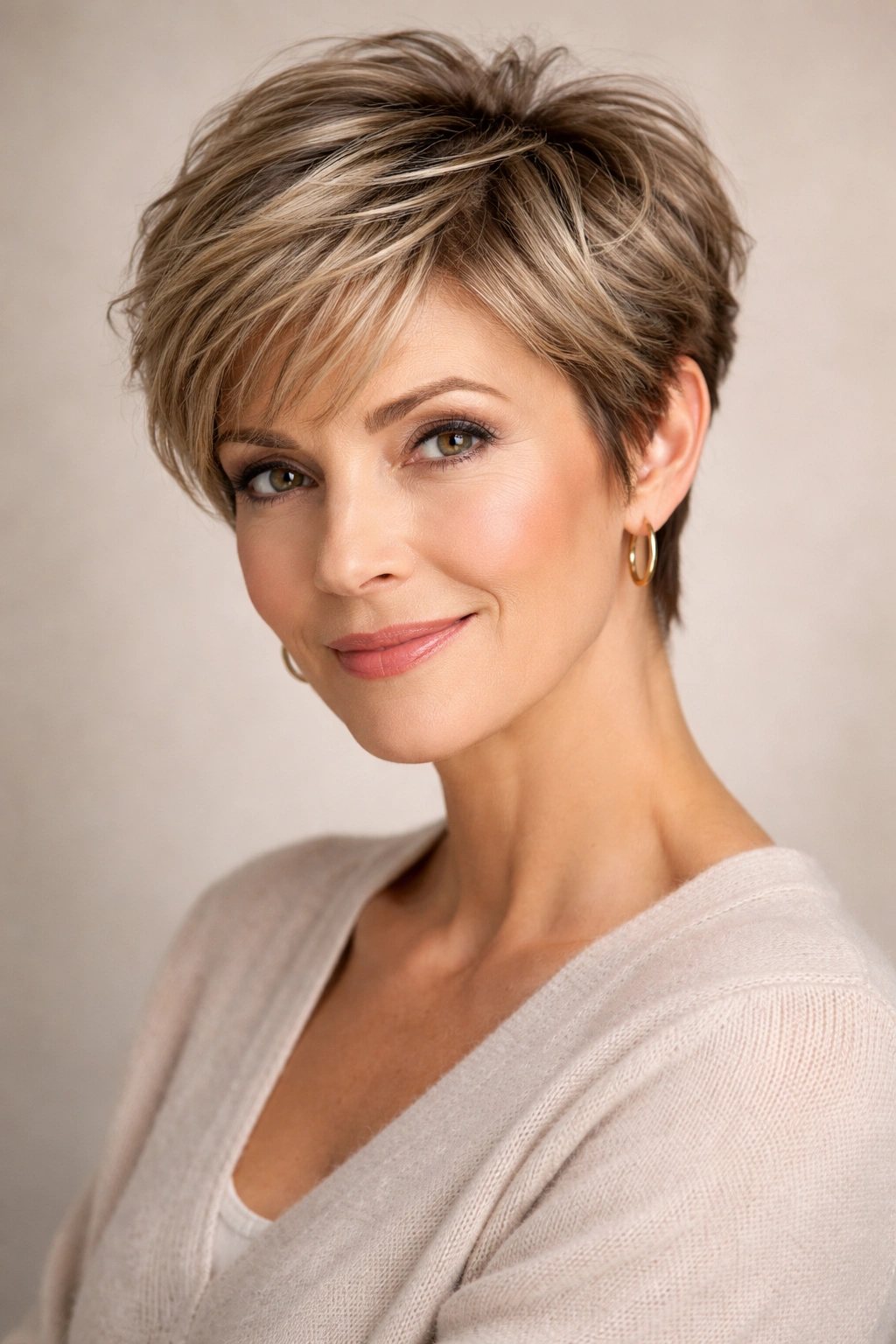 Portrait of a mature woman with textured pixie layers showing depth and movement.