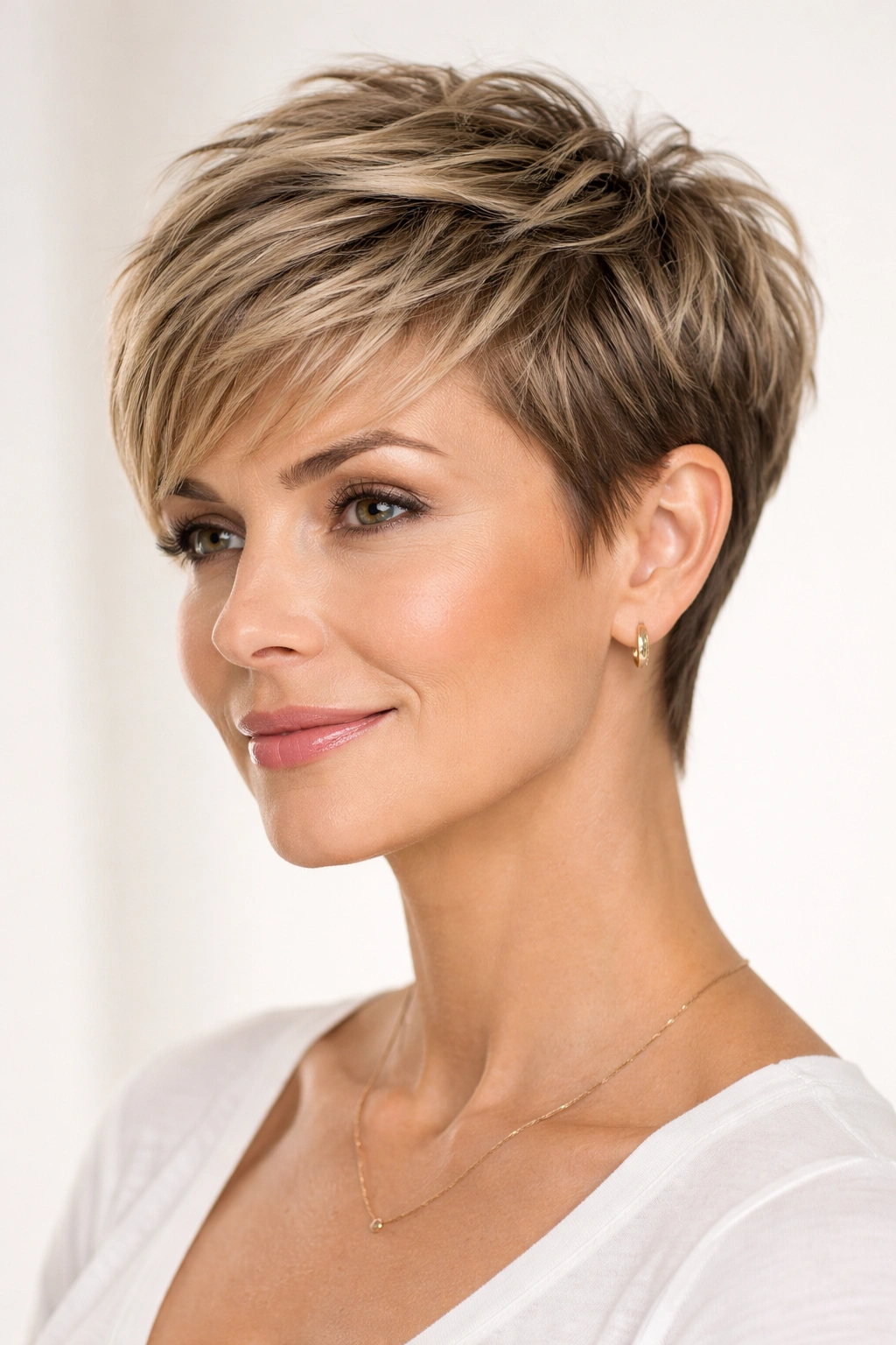 Modern pixie with textured top layers and tapered sides