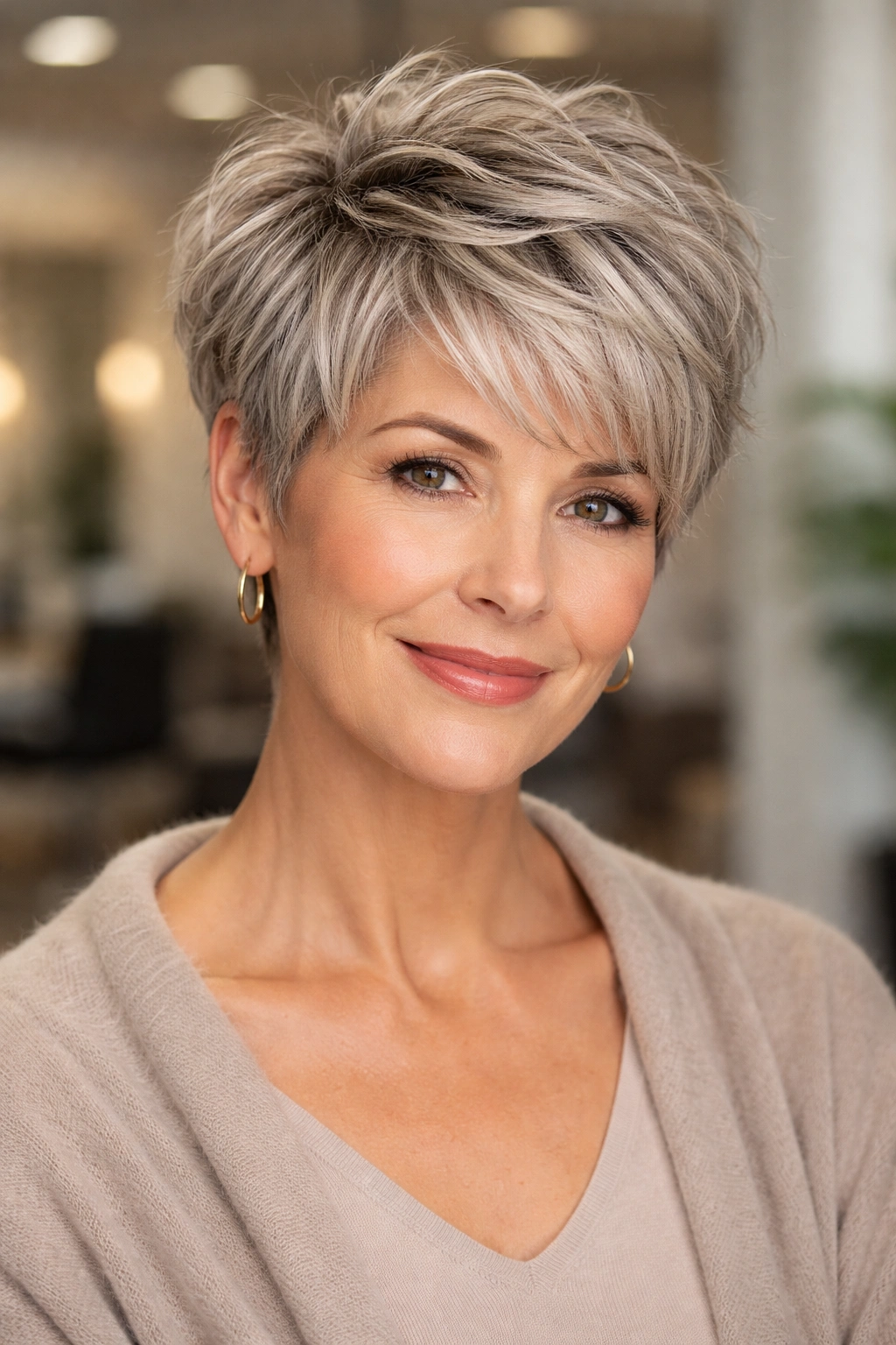 Close-up view of a textured pixie cut with soft layers for mature hair, emphasizing movement