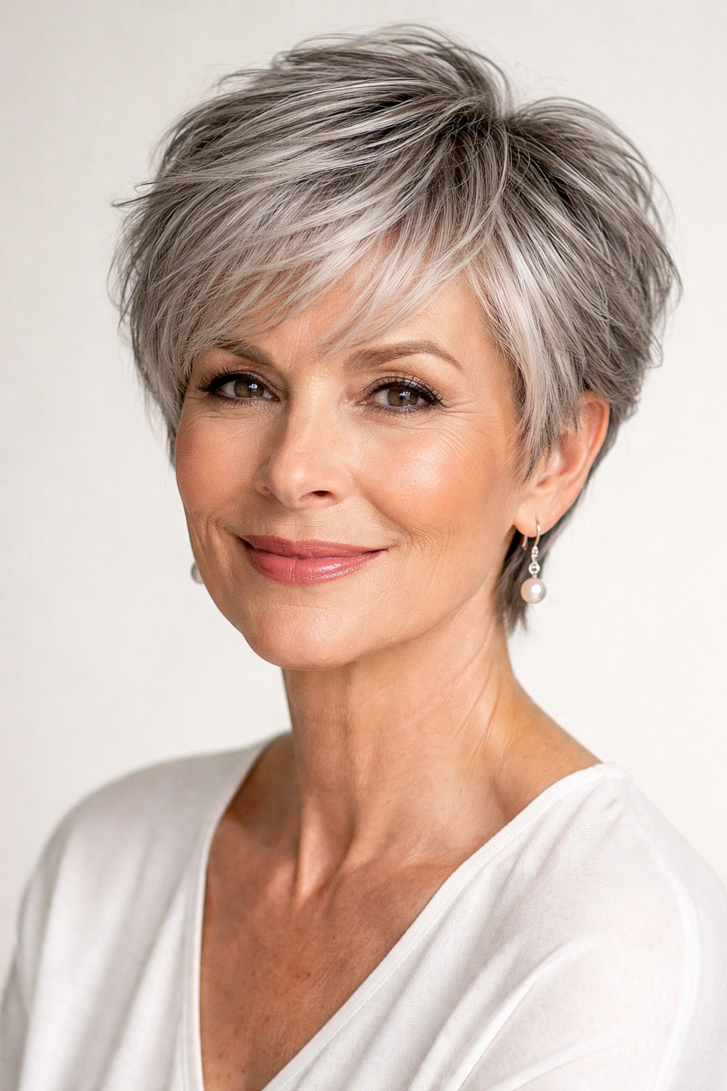 Close-up of a classic pixie with textured layers on gray hair