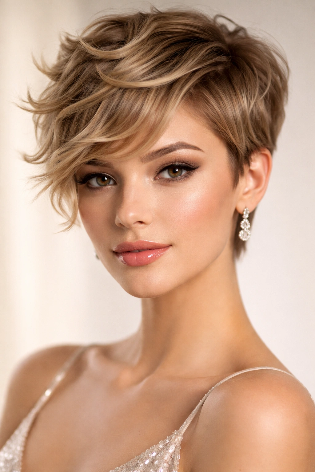 10 Prom Hairstyles For Short Hair You Can Do At Home 1 Close-up of a textured pixie with face-framing waves highlighting cheekbone framing and light reflection