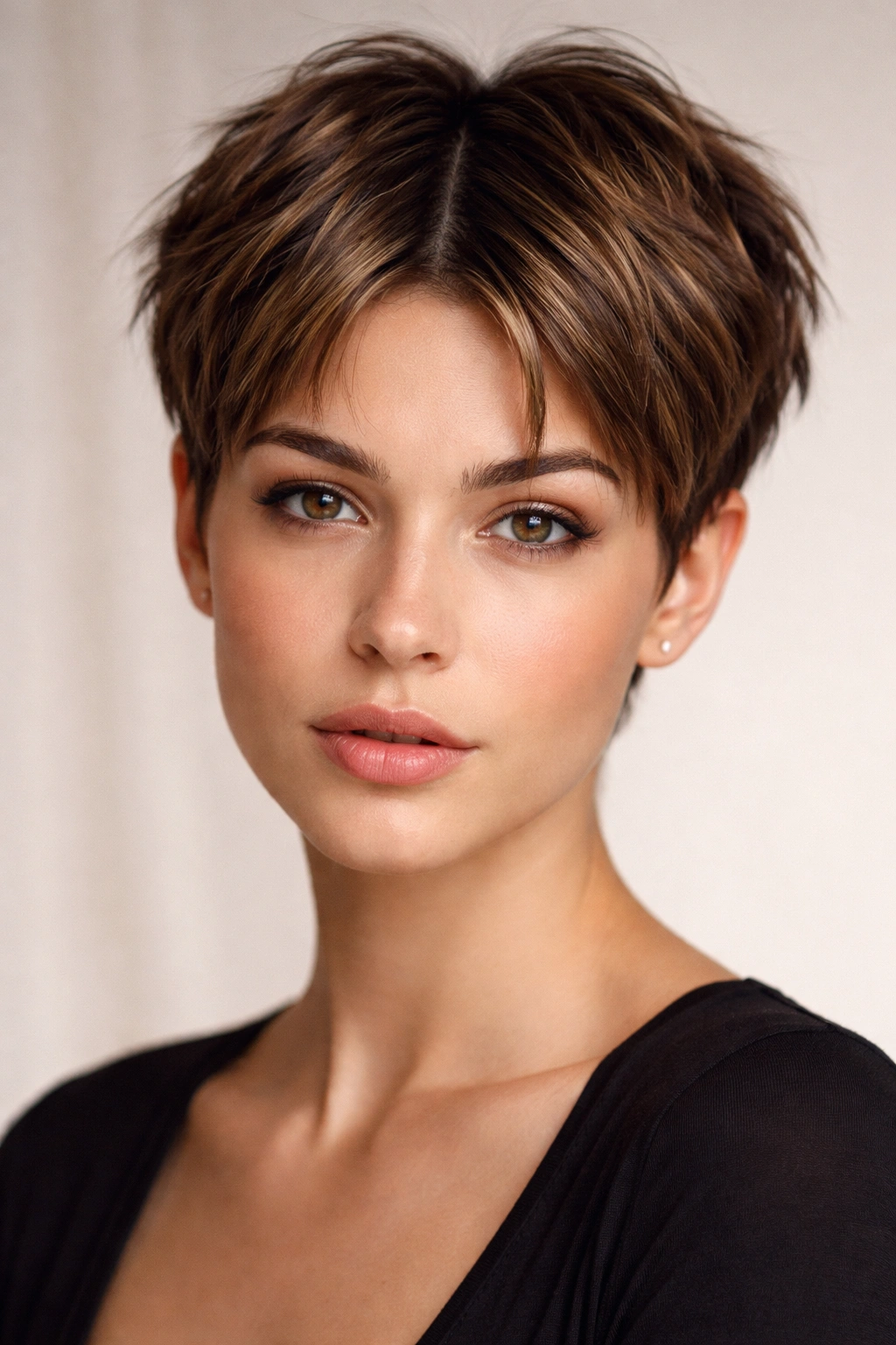 12 Middle Part Short Haircuts To Try At Your Next Cut 1 Close-up portrait of a person with a textured pixie cut and center part