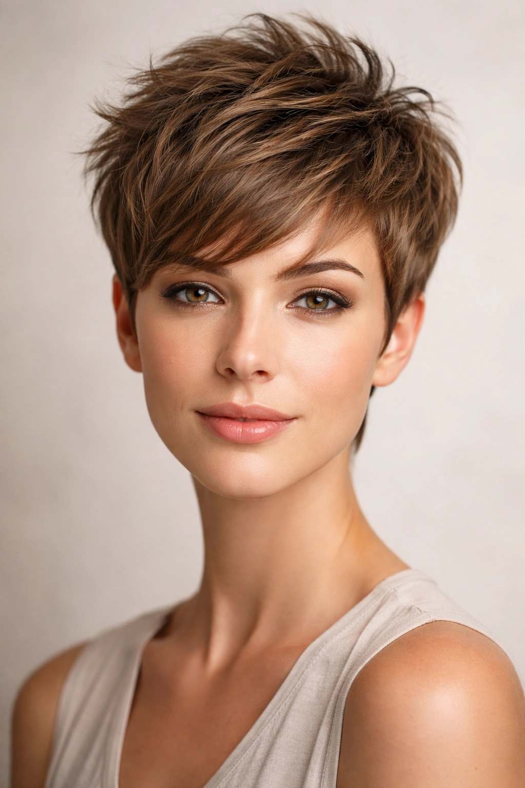 Pixie haircut with textured crown and feathered top