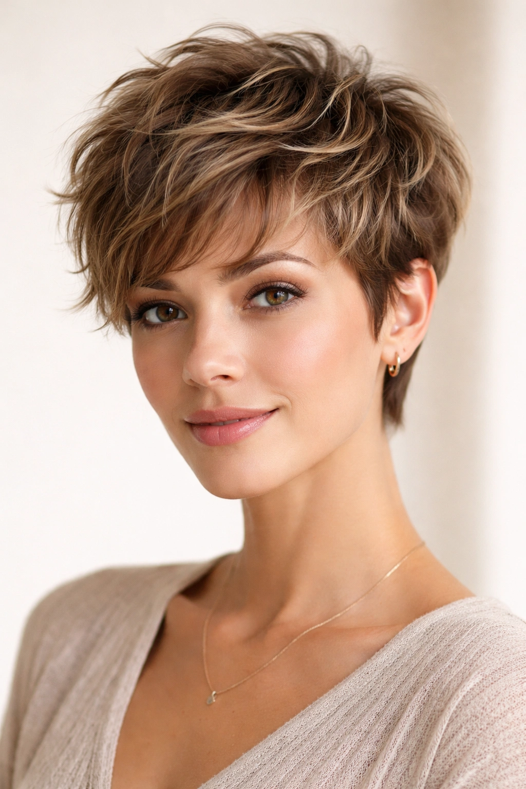 Layered pixie with textured crown showing height and wave texture