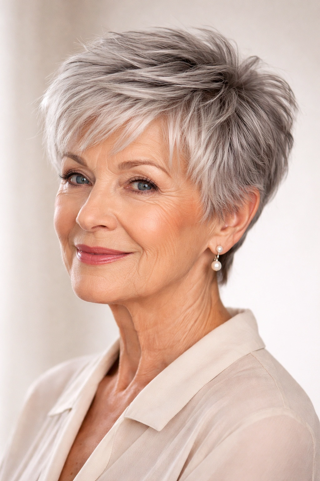 Elderly woman wearing a short textured pixie with feathered layers