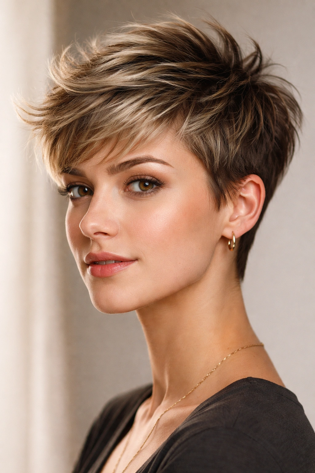 12 Hairstyles Perfectly Suited To A Round Face 7 Close-up portrait of a person with a textured pixie cut showing crown height and tousled top