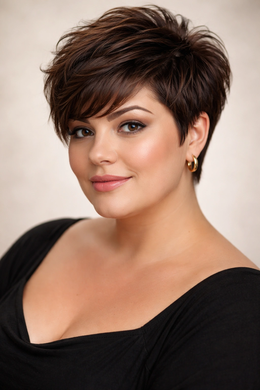 Textured pixie haircut with lifted crown and layered top, head-and-shoulders portrait