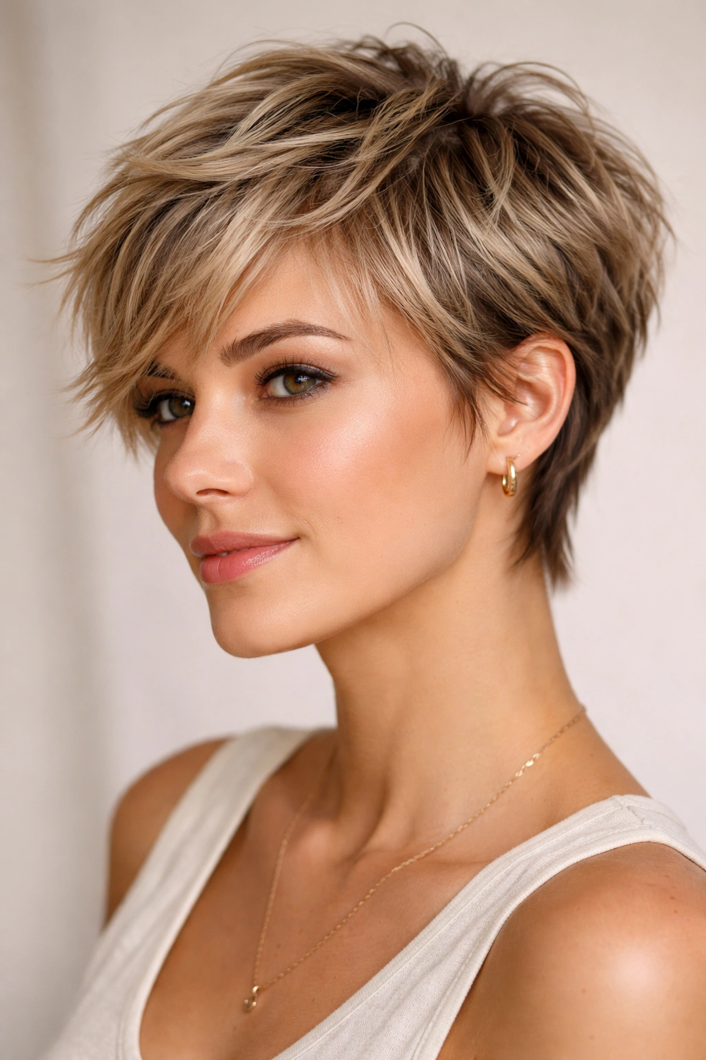 Close-up portrait of a person with a textured pixie featuring choppy layers