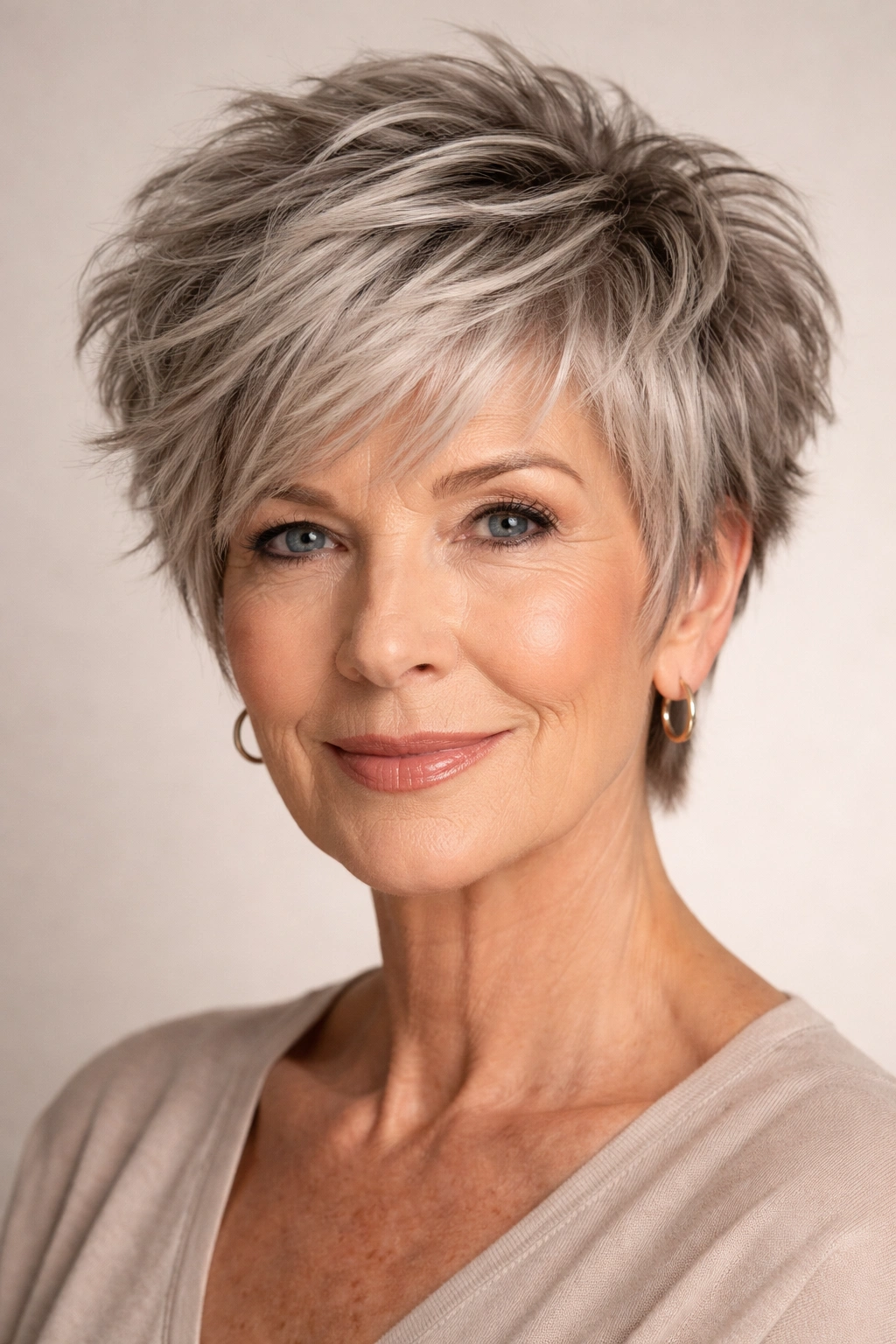 Close-up of a mature woman with a thick, choppy pixie cut and textured layers.