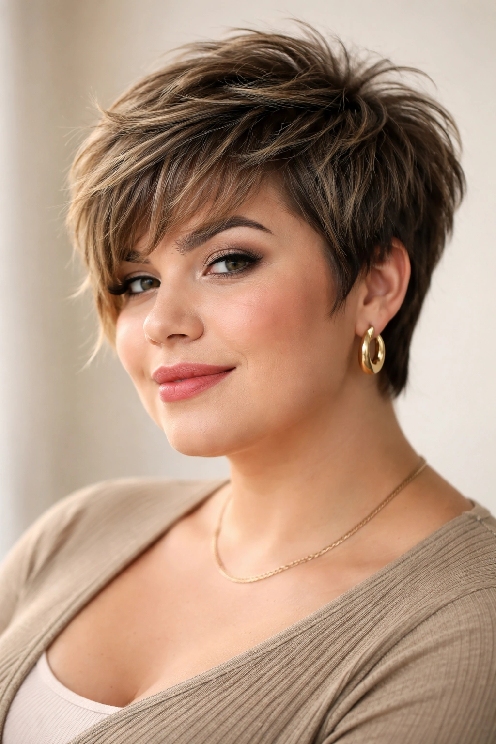 15 Flattering Short Haircuts For Plus Size Women 1 Close-up portrait of a model with a textured pixie featuring longer sides and jawline-framing layers.