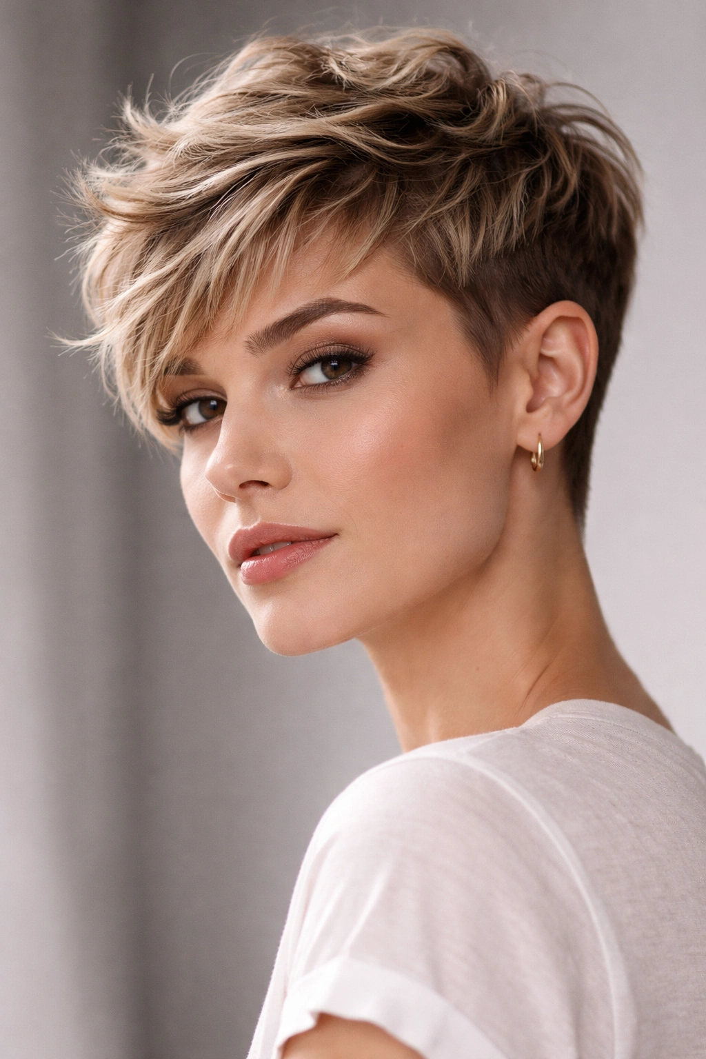 Close-up portrait of a woman with a textured pixie cut and longer top.