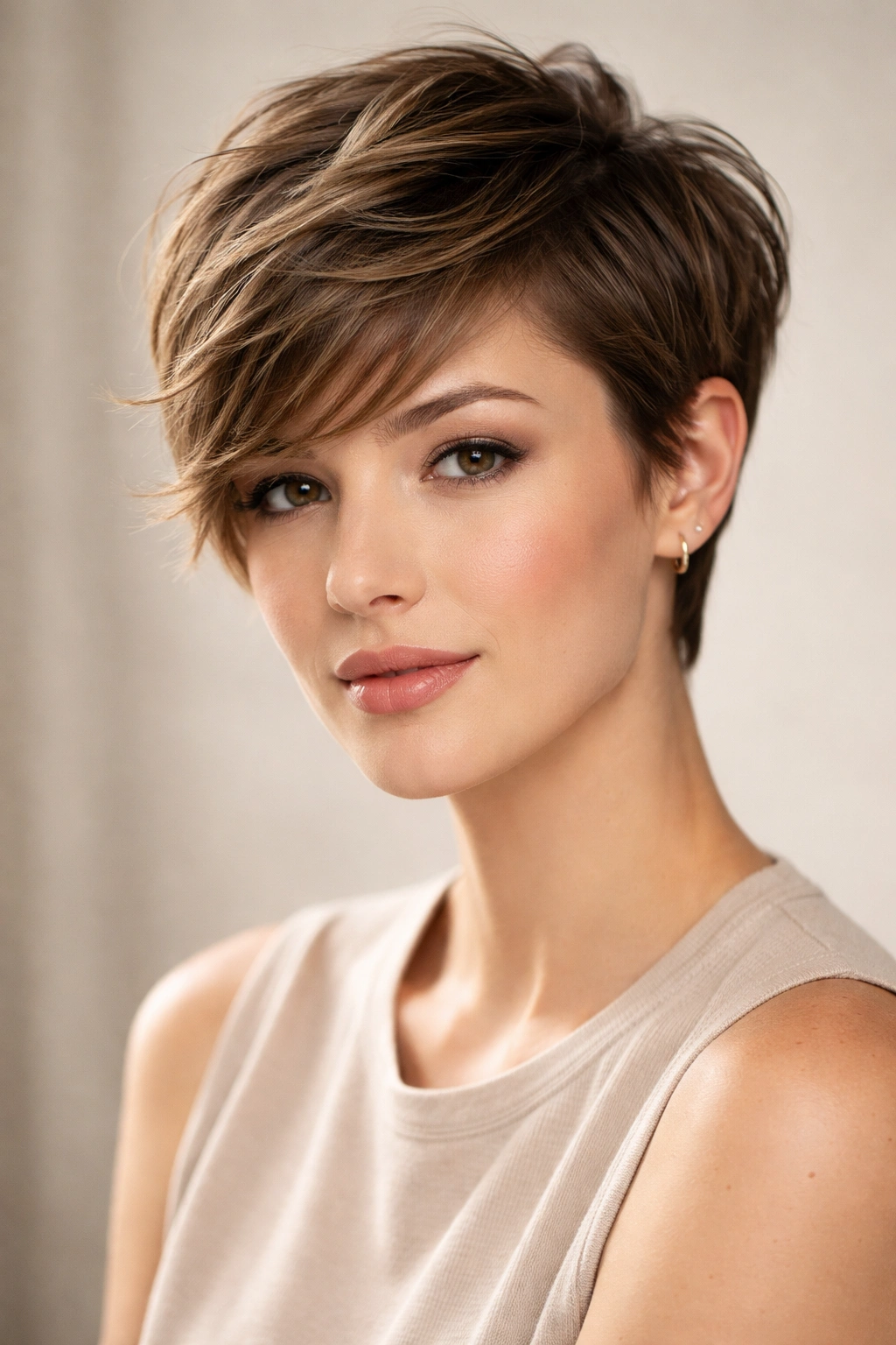 Textured pixie cut with side-swept styling on a long-oval face
