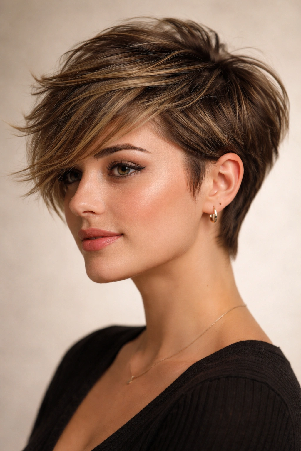 15 Pixie Styles Perfectly Suited To Round Faces 9 Portrait of a person with a textured side-swept pixie showing diagonal sweep