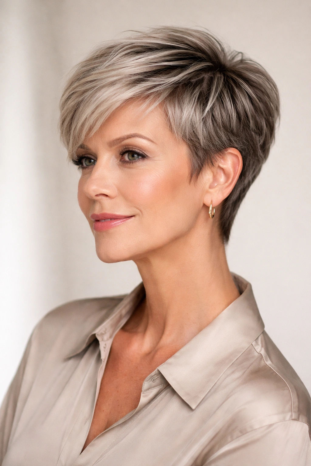 Portrait of a model with a sleek pixie haircut featuring a smooth top and textured sides.