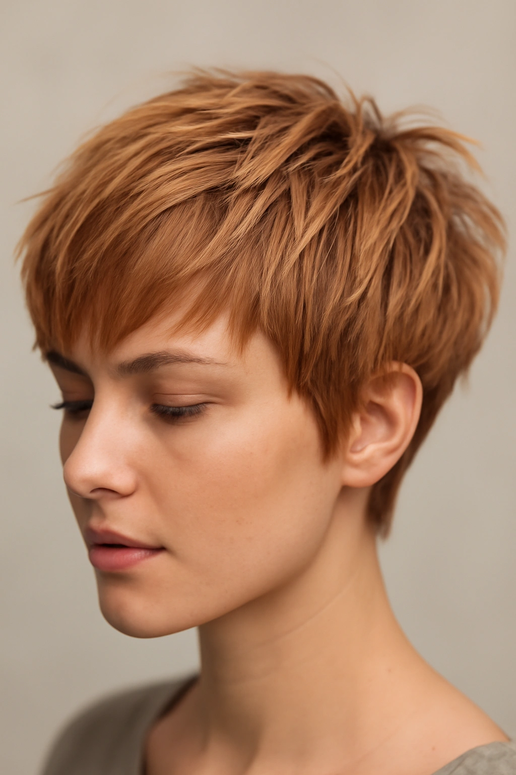 12 Short Strawberry Blonde Haircuts Women Are Loving 1 Close-up of textured pixie cut with choppy layers in strawberry blonde