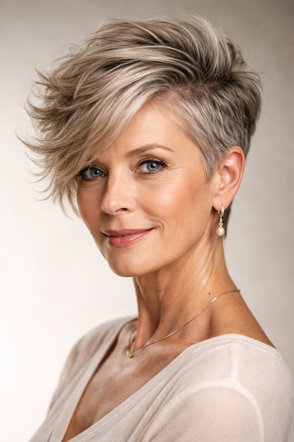 Side-swept pixie with textured top on thick hair