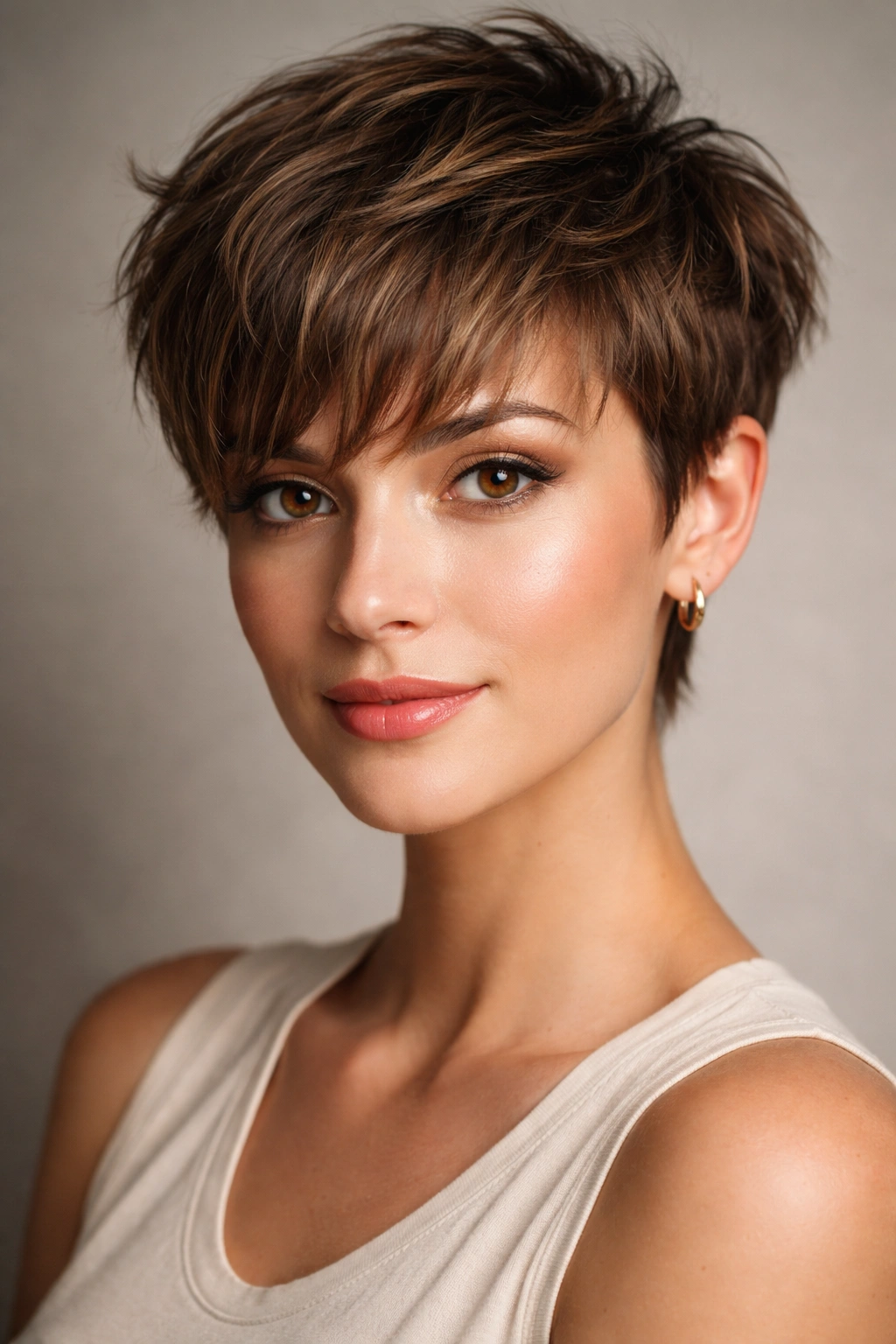Close-up of a pixie cut with thick textured bangs and layered crown