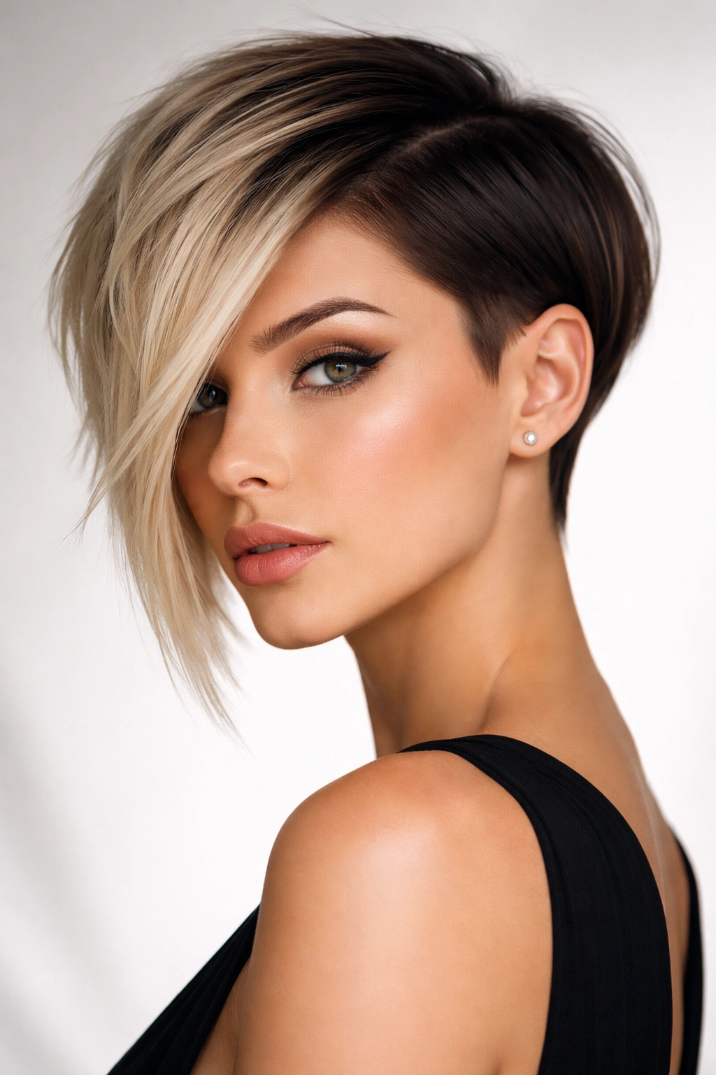 Portrait of a pixie-to-bob gradient bob with short and long sides