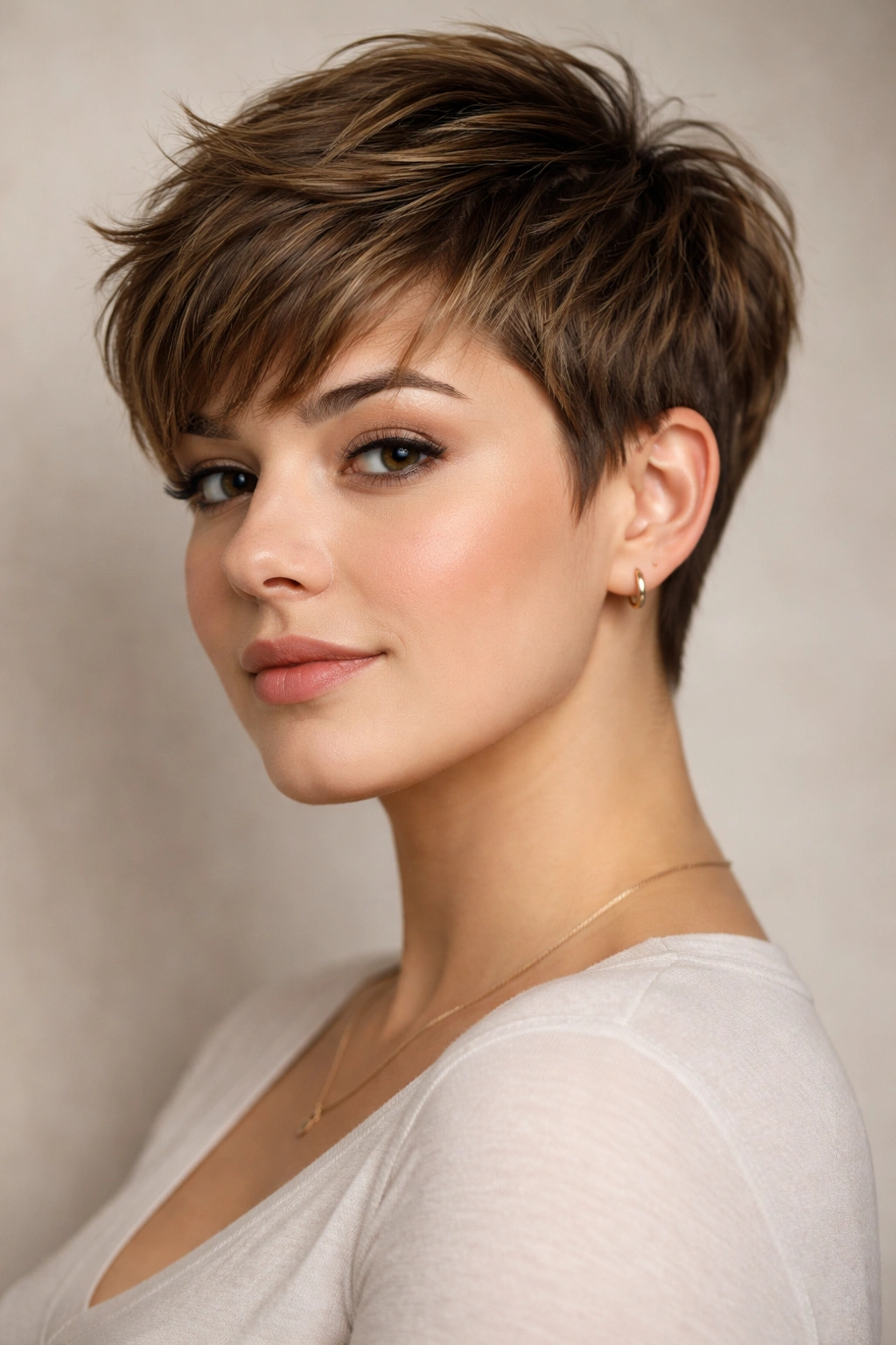 Pixie cut with longer top and textured sides on a model in a studio