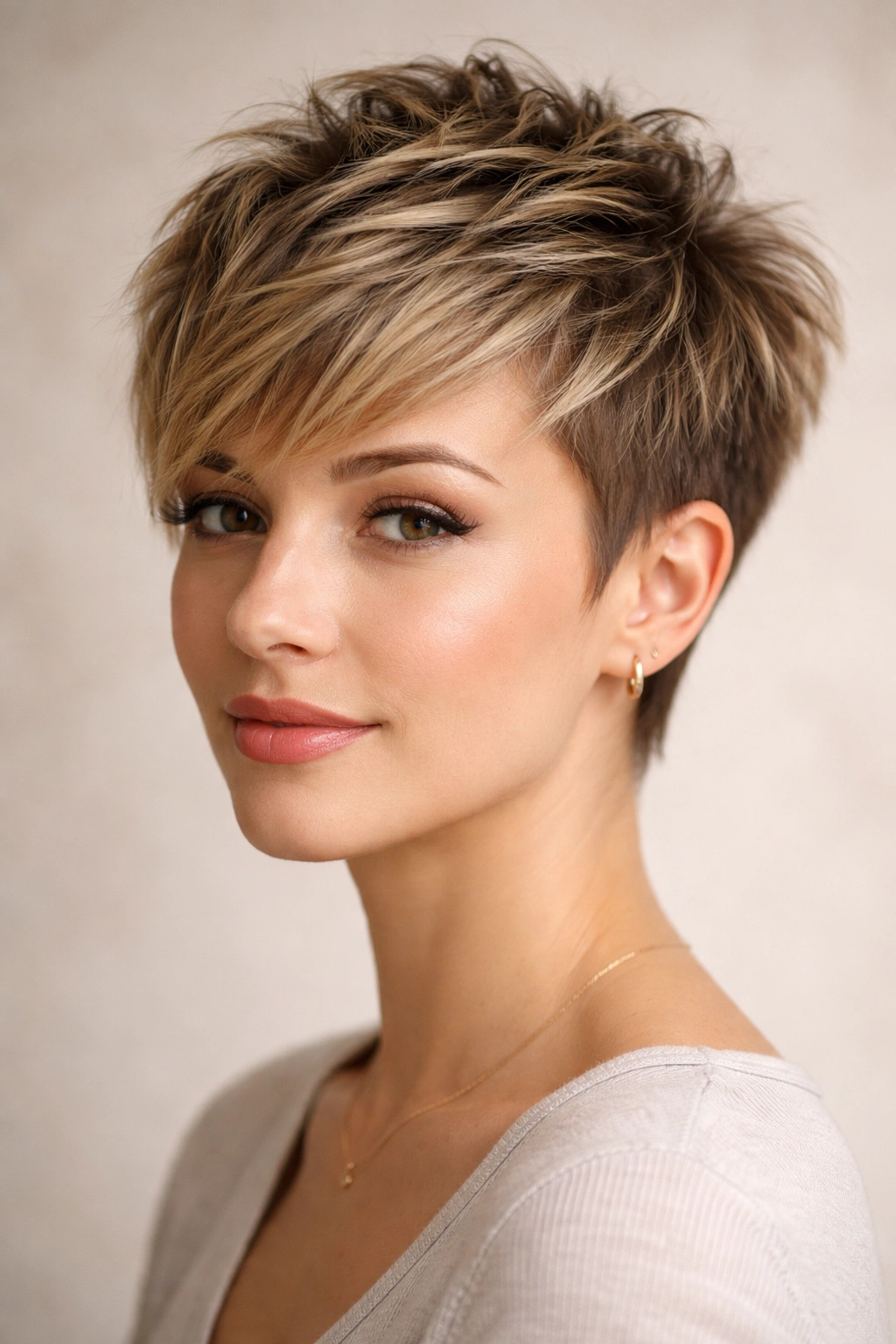 Close-up of a tousled pixie with longer textured top