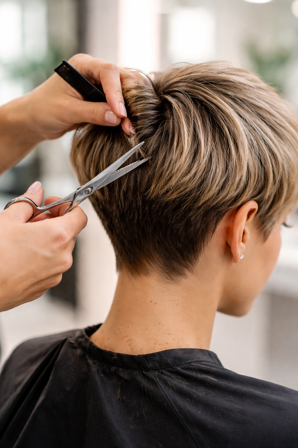 Stylist trimming a pixie-cut head in a bright salon