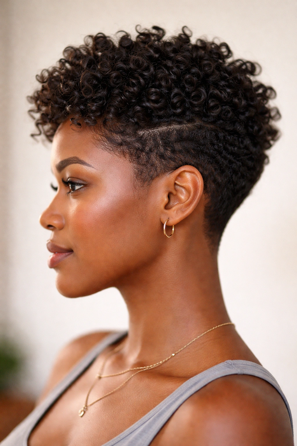 10 Short Curly Pixie Cuts For Natural Texture 8 Profile view of a pixie cut with tapered sides and longer crown showing twist-out texture