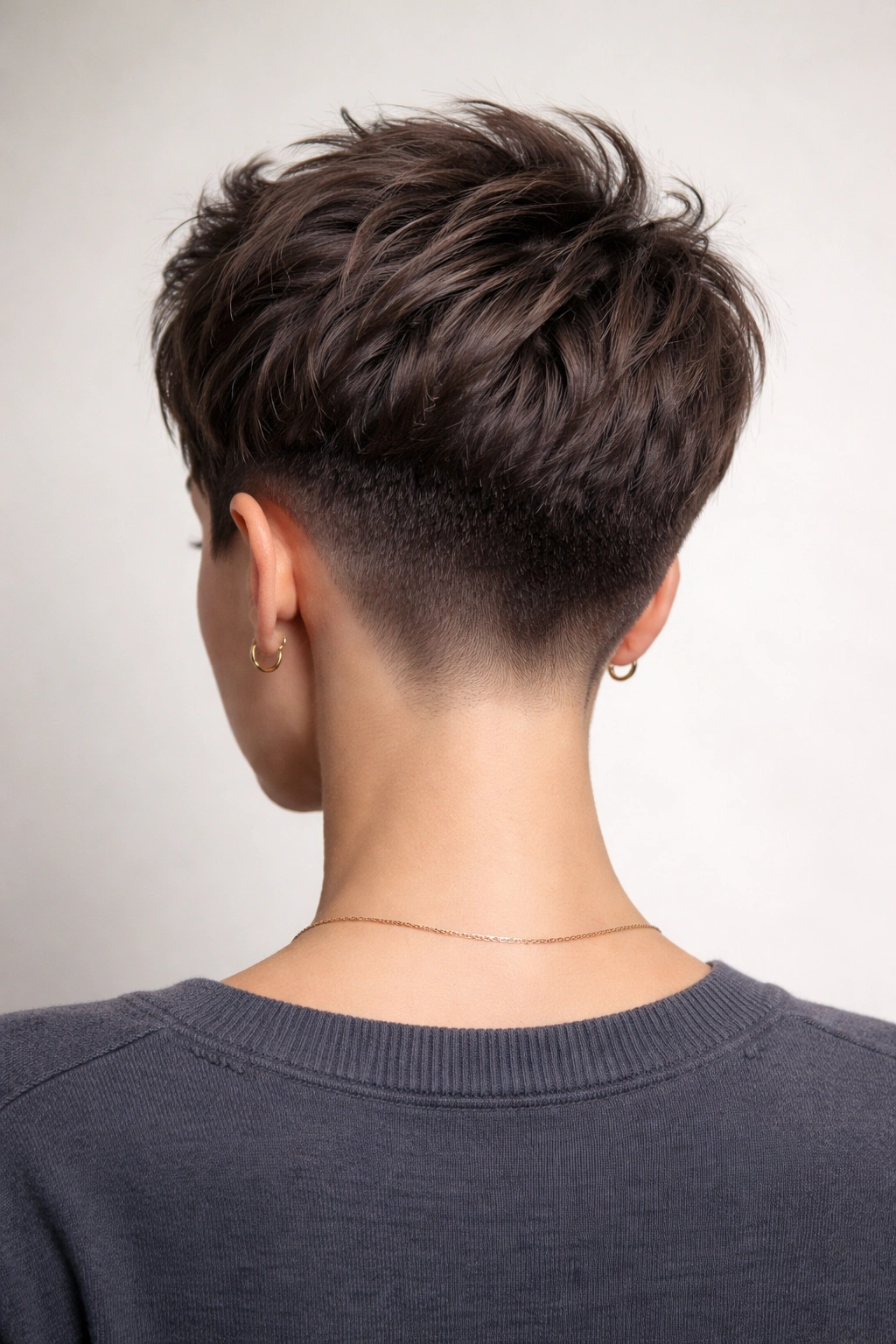 Back view of a pixie undercut with a short nape fade and textured top