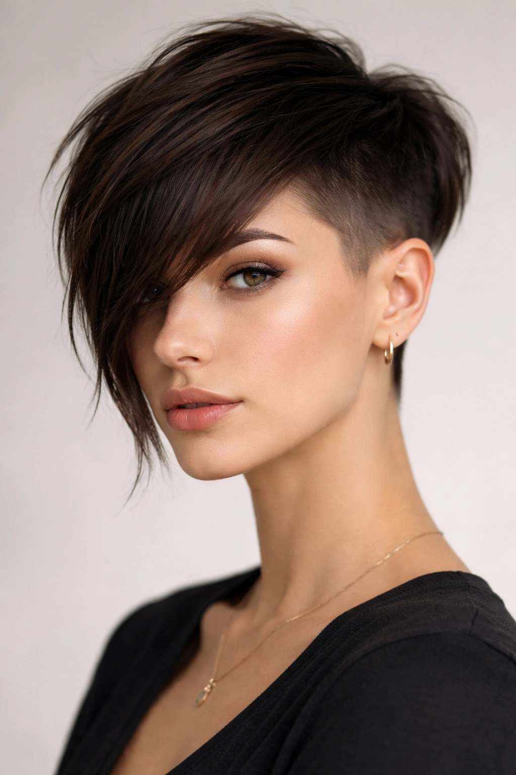 Undercut pixie with long bangs hairstyle on model; short sides, longer top with cheekbone-length bangs.