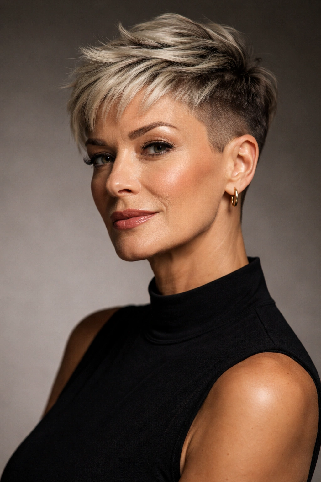 Close-up portrait of a woman with cropped pixie undercut, bold matte top and shaved sides