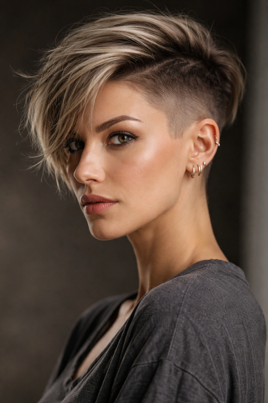 10 Asymmetrical Short Haircuts For Women 1 Close-up of a pixie with a shaved undercut and textured longer side