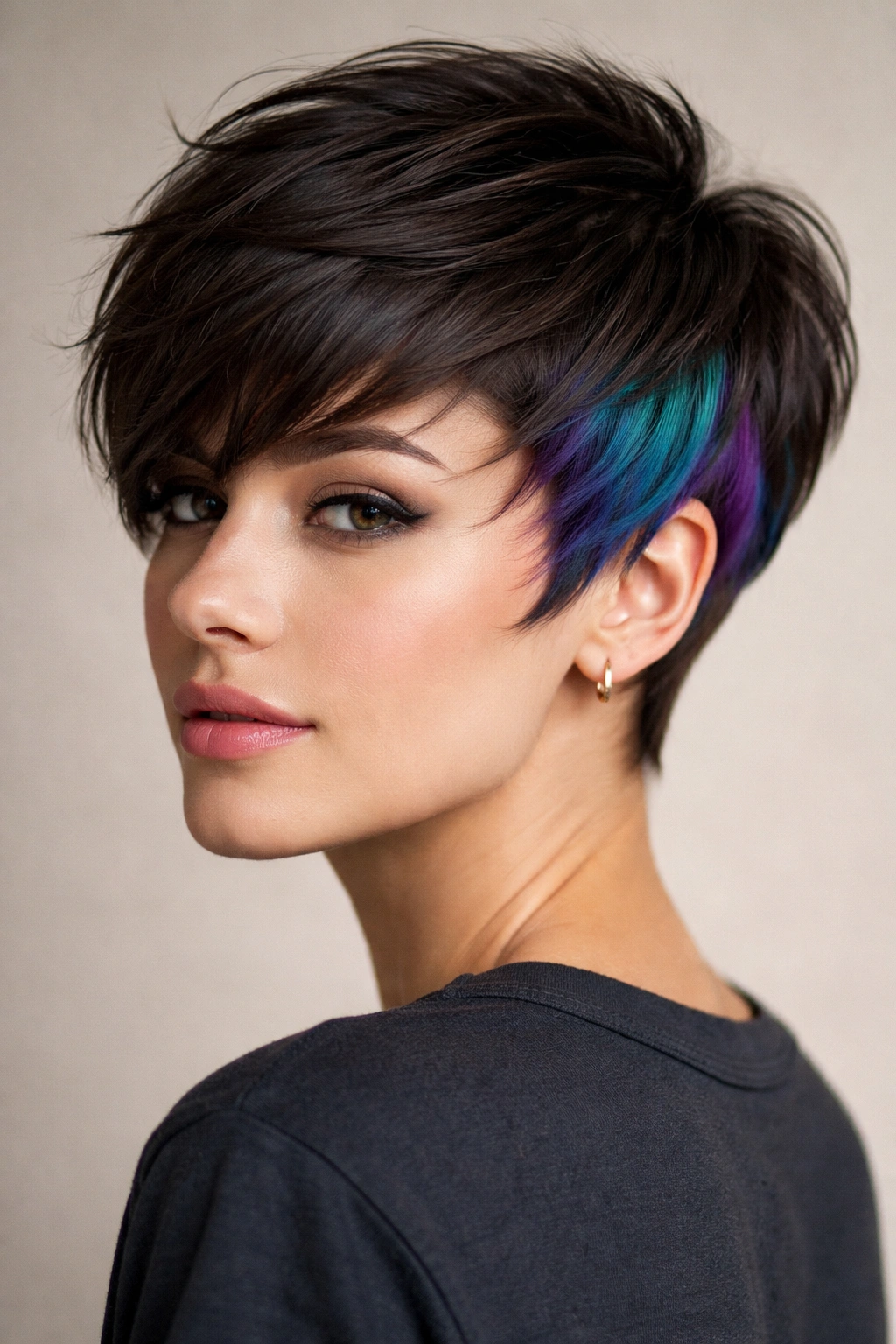 Close-up of a pixie cut with neutral top and vibrant underside color exposed by movement